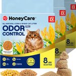 Three HoneyCare Odor Control cat litter bags arranged in a fan shape with loose samples of the tan cat litter and corn graphics displayed in front on a white background.
