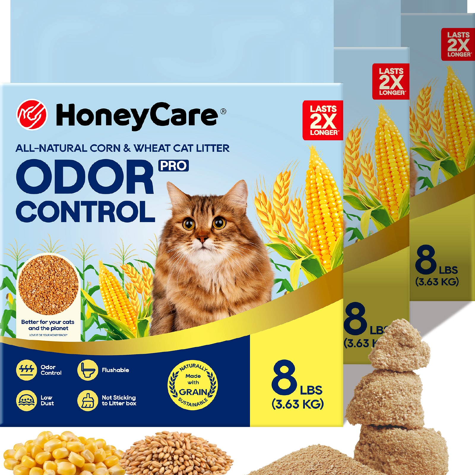 Three HoneyCare Odor Control cat litter bags arranged in a fan shape with loose samples of the tan cat litter and corn graphics displayed in front on a white background.