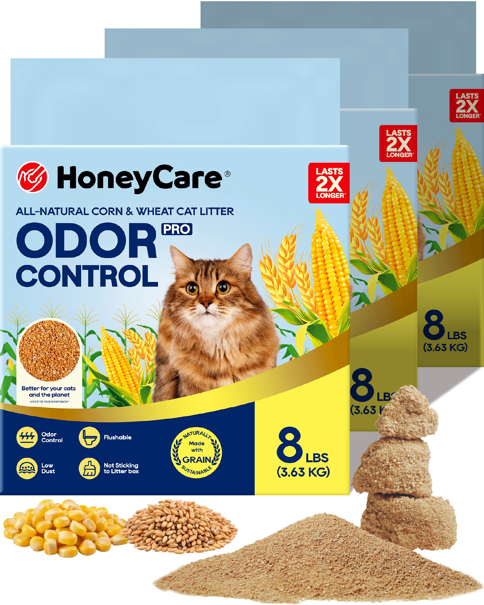 Three HoneyCare Odor Control cat litter bags arranged in a fan shape with loose samples of the tan cat litter and corn graphics displayed in front on a white background.