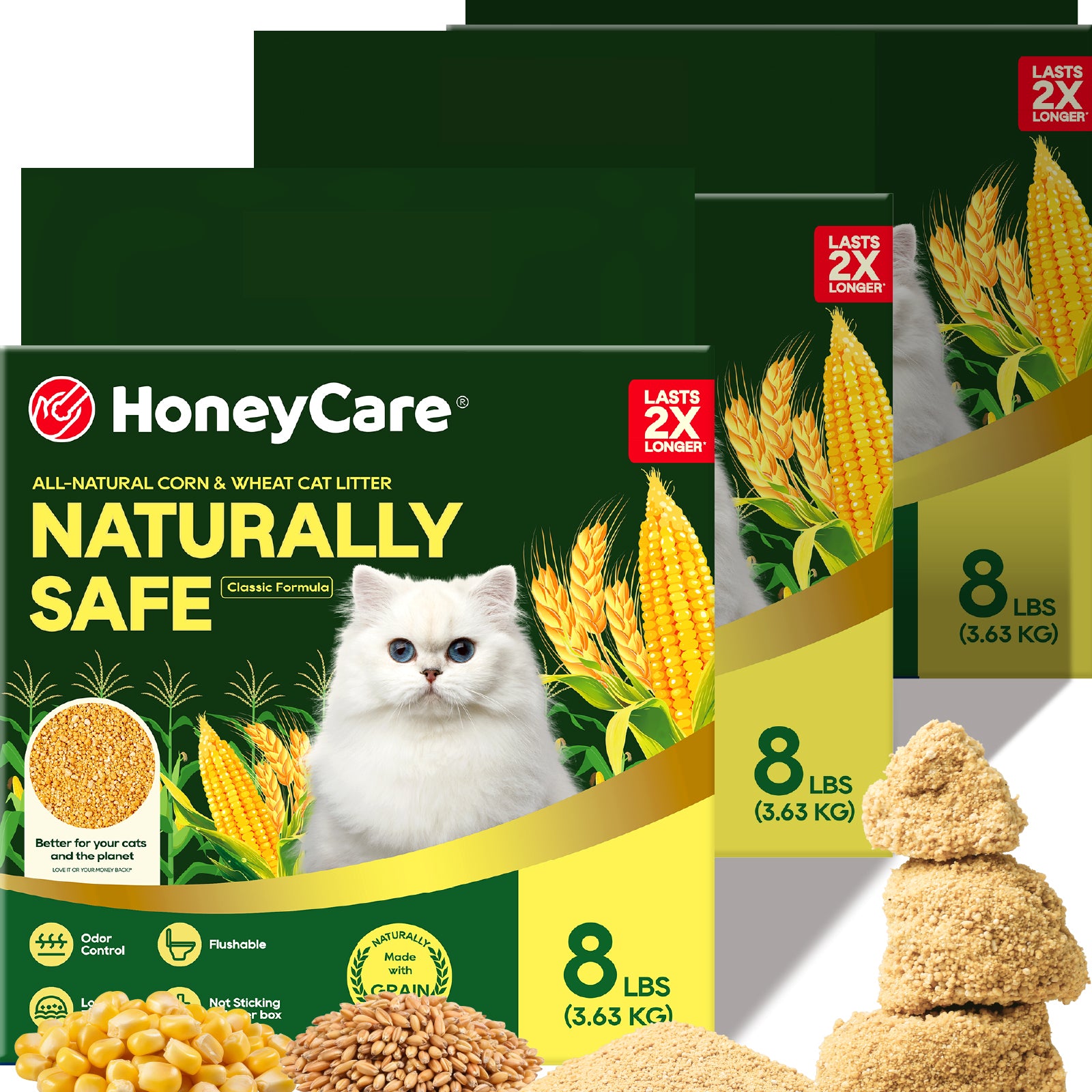 Three HoneyCare cat litter boxes arranged in a fan shape on a white background, with product details, corn graphics, a white cat photo, and piles of litter and ingredients shown in front.