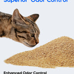 A tabby cat looks at a pile of tan granules on a light gray background, with blue and black text reading 'Superior Odor Control' and 'Enhanced Odor Control Neutralizes odor from the source'.