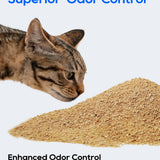 A tabby cat looks at a pile of tan granules on a light gray background, with blue and black text reading 'Superior Odor Control' and 'Enhanced Odor Control Neutralizes odor from the source'.