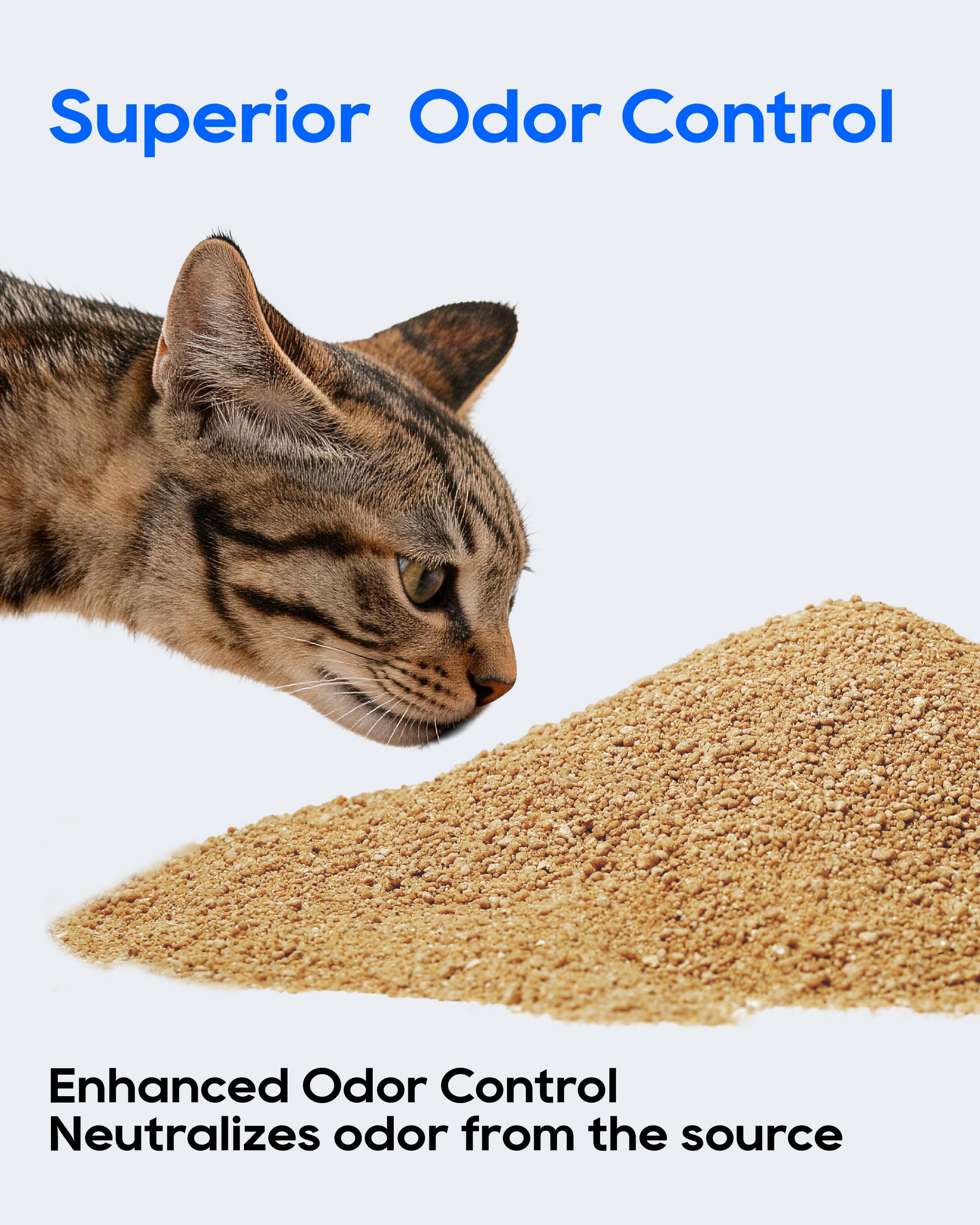 A tabby cat looks at a pile of tan granules on a light gray background, with blue and black text reading 'Superior Odor Control' and 'Enhanced Odor Control Neutralizes odor from the source'.