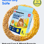 HoneyCare Odor Control cat litter box scent enhancer package shown in a circular arrangement surrounded by whole grains and corn kernels on a light gray background, with text reading 'Naturally Safe' and 'Natural Corn & Wheat Formula Better for your cats and the planet.'.