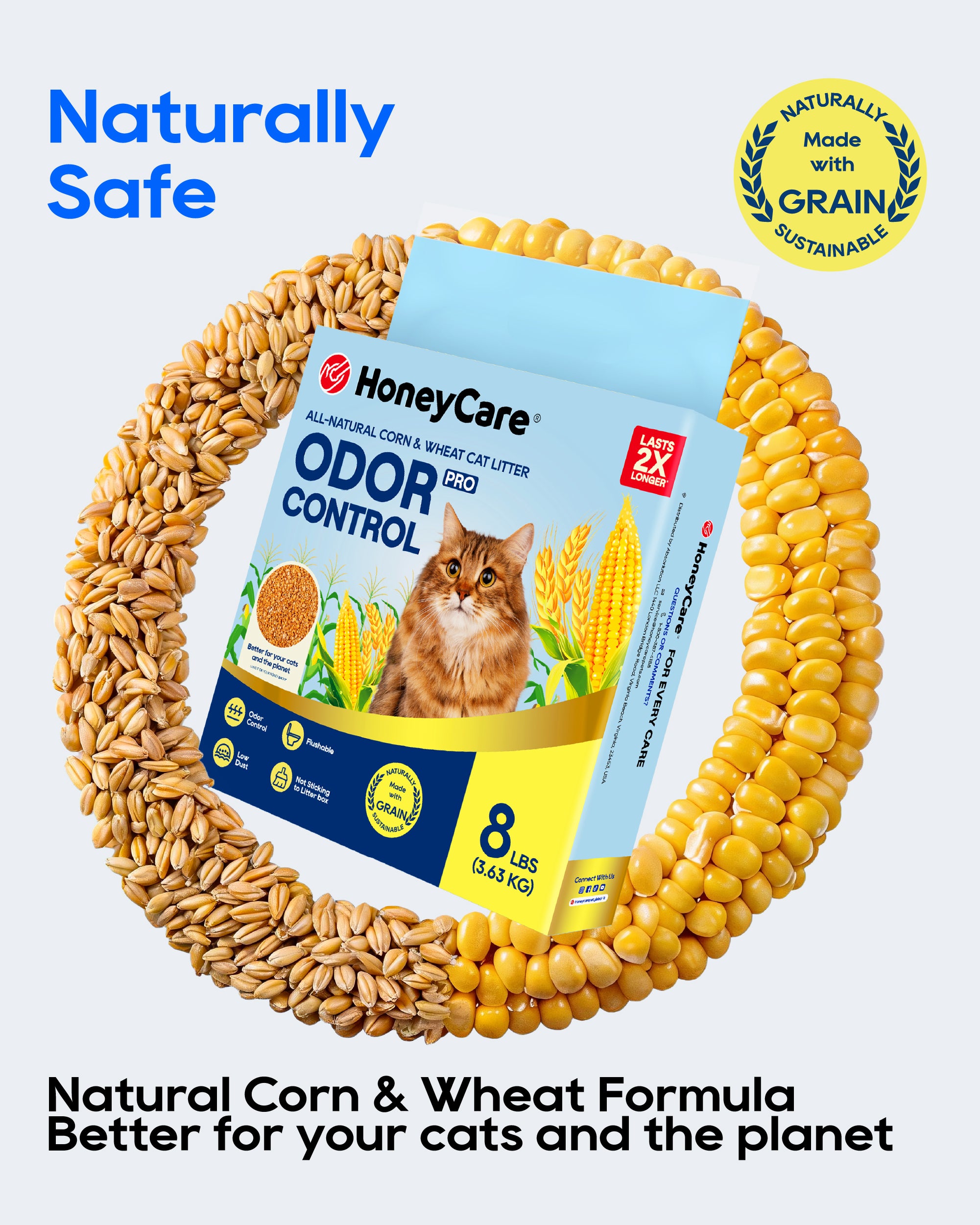 HoneyCare Odor Control cat litter box scent enhancer package shown in a circular arrangement surrounded by whole grains and corn kernels on a light gray background, with text reading 'Naturally Safe' and 'Natural Corn & Wheat Formula Better for your cats and the planet.'.