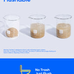A promotional graphic for a flushable litter product. The top half shows three clear beakers containing a light tan flushable clump, with the word 'Flushable' in large blue text above.