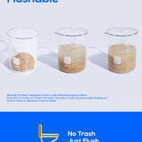 A promotional graphic for a flushable litter product. The top half shows three clear beakers containing a light tan flushable clump, with the word 'Flushable' in large blue text above.