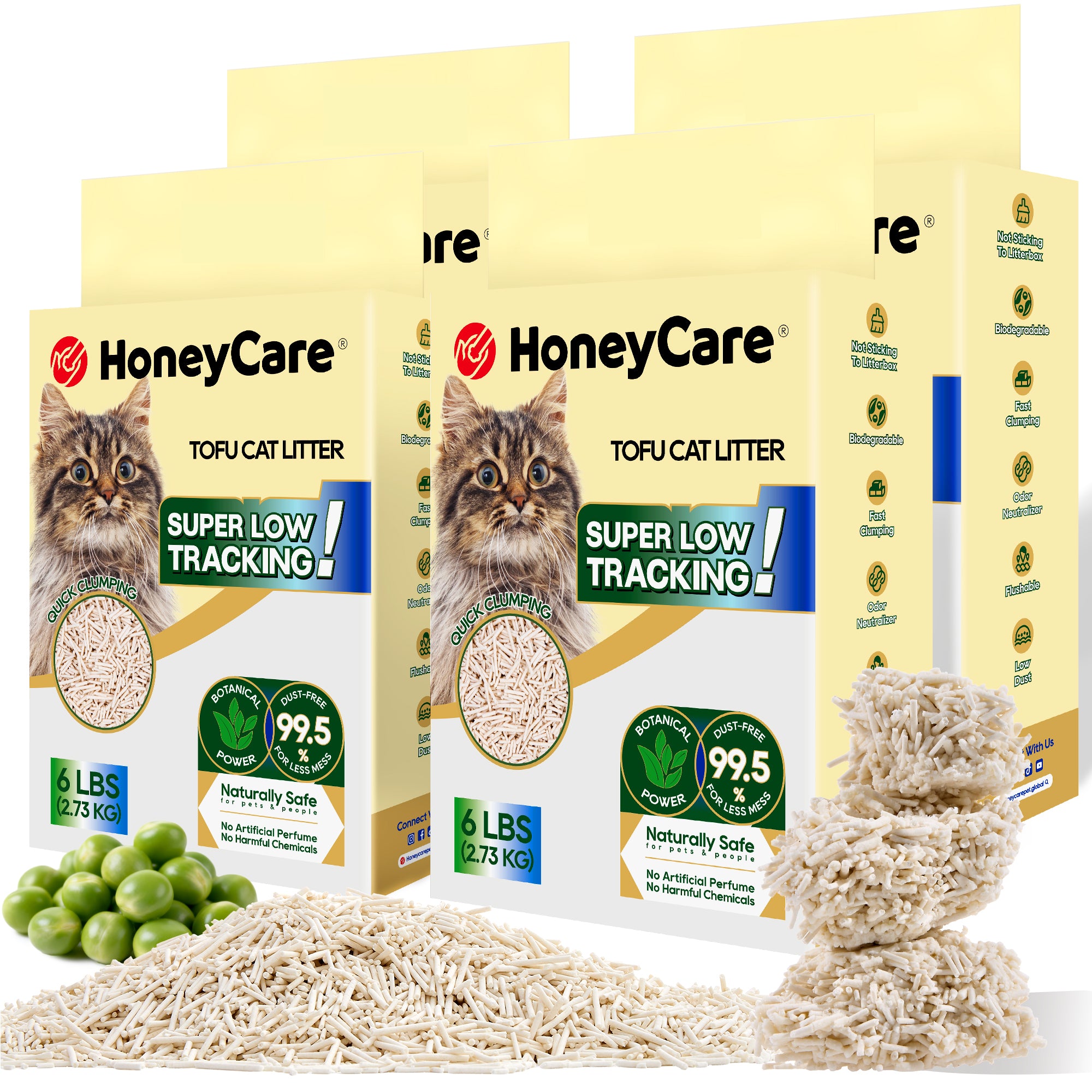 Four HoneyCare Tofu Cat Litter bags arranged in a fan shape with loose beige cat litter and green peas in the foreground on a white background.