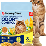 HoneyCare Pro Odor Control cat litter packaging shown with a long-haired orange tabby cat standing behind the box, plus loose litter samples and corn imagery on a white background.