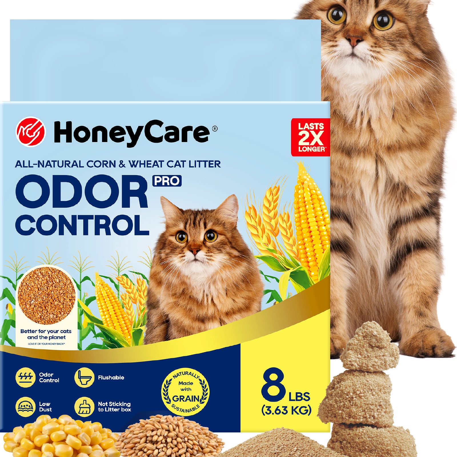 HoneyCare Pro Odor Control cat litter packaging shown with a long-haired orange tabby cat standing behind the box, plus loose litter samples and corn imagery on a white background.