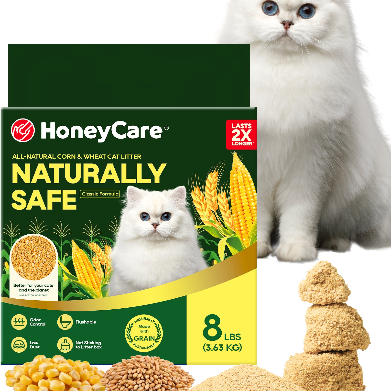 HoneyCare cat litter packaging shown with a white fluffy cat, corn kernels, and stacked litter piles on a white background.