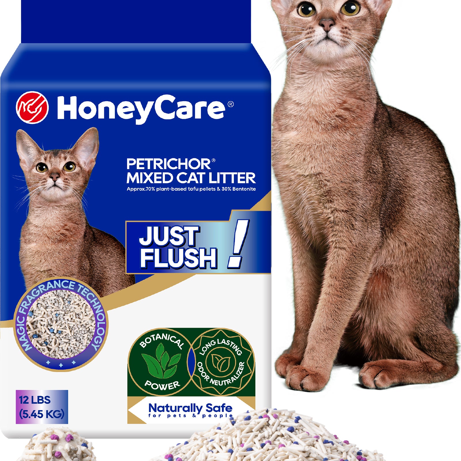 HoneyCare Petrichor Mixed Cat Litter 12 lb bag shown next to a brown Abyssinian cat, with some cat litter and a ball of cat litter displayed in the foreground on a white background.
