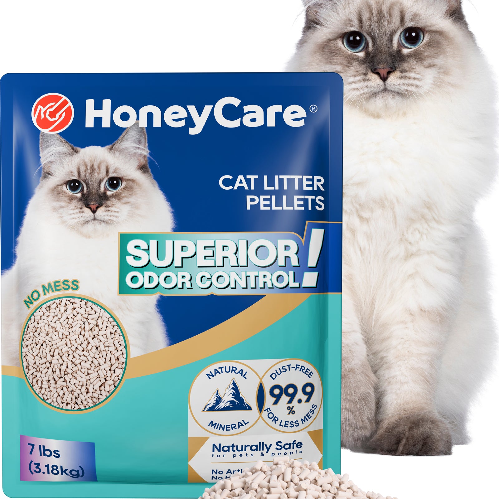 HoneyCare cat litter pellets in a blue and teal stand-up pouch, shown with a fluffy cream-colored cat sitting behind it and a small pile of the light beige pellets in front on a white background.