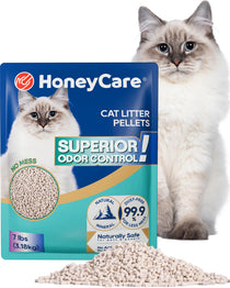HoneyCare cat litter pellets in a blue and teal stand-up pouch, shown with a fluffy cream-colored cat sitting behind it and a small pile of the light beige pellets in front on a white background.