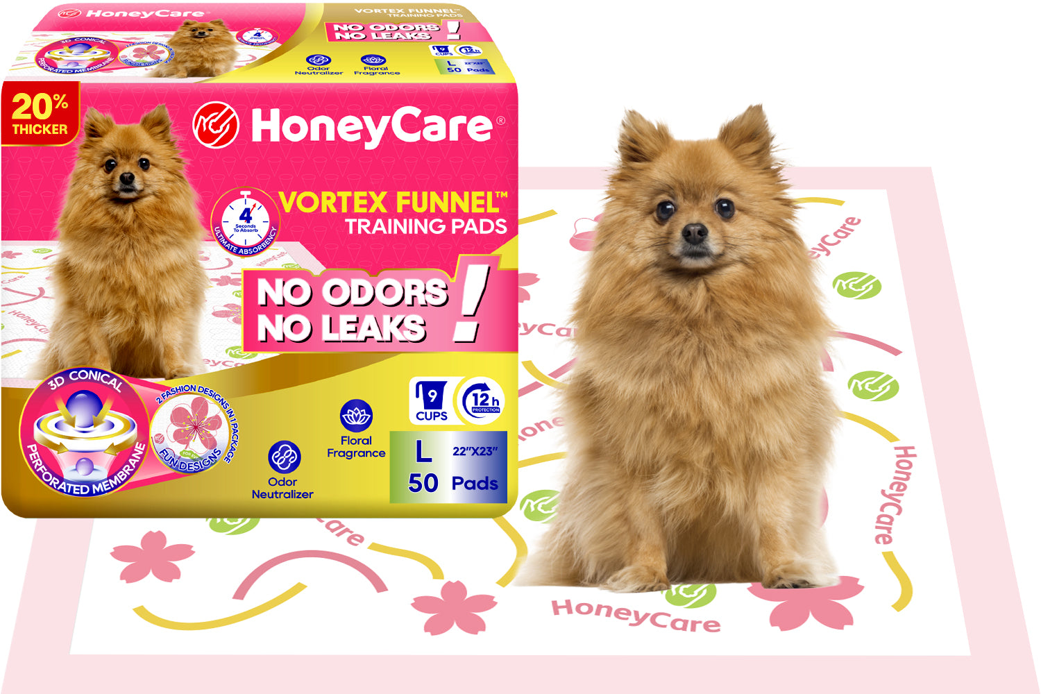 HoneyCare Vortex Funnel training pads box shown next to a small fluffy dog sitting on a printed training pad, with a second dog standing beside the box. The packaging is bright pink, yellow, and blue, and the product is labeled for pets with strong odor and leak protection.